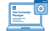Illustration of a laptop screen showing LinkedIn Ads Campaign Manager with a browser extension icon, representing advanced tools for optimizing LinkedIn Ads.